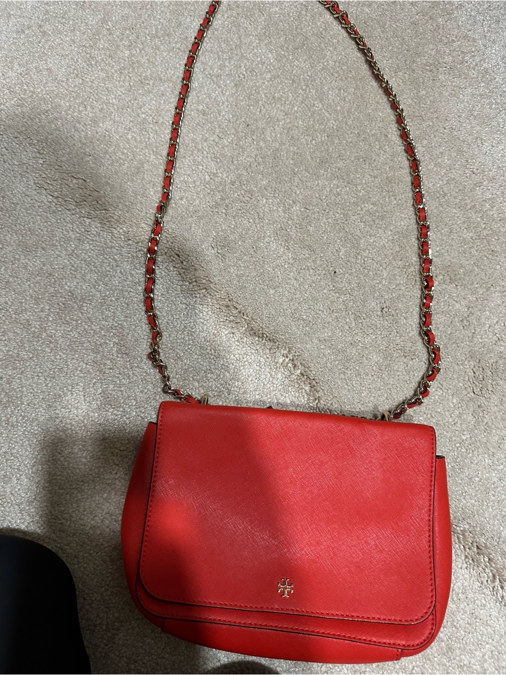 Tory Burch Orange Leather Crossbody Bag with Gold Chain- added off brand chevro